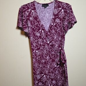 Elegant Plum Floral Faux Wrap Midi Dress. Size Med.